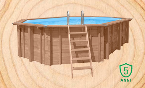 Piscina in legno fuori terra esagonale con Liner sabbia Jardin 354: qualità e Sistema a incastro facilitato per una lunga durata.